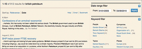 The Financial Times allows searchers to sort and filter search results by date.